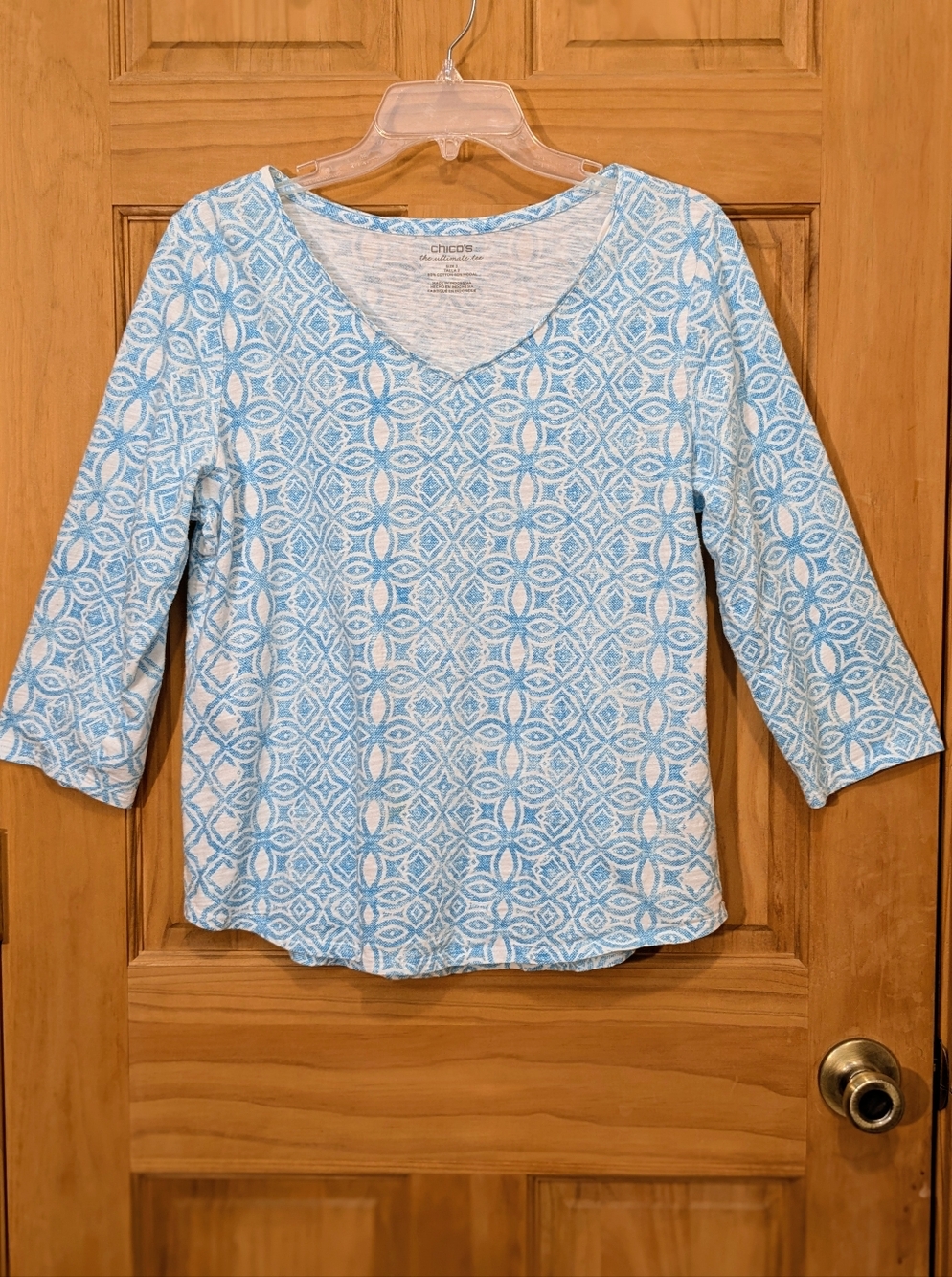 Chicos The Ultimate Tee Shirt Top Blue  3/4 Sleeve Summer Resort Women's 2 LG